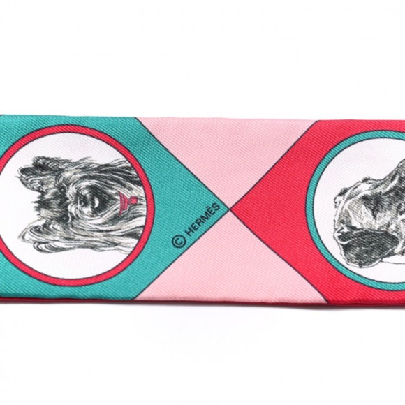 HERMES  Silk Colliers Et Chiens Twilly Framboise Vert Rose - Picture 3 of 4